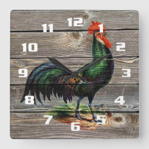 Reloj Cuadrado Cocina Rústica de Campo con Gallo