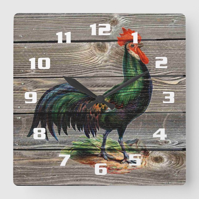 Reloj Cuadrado Cocina Rústica de Campo con Gallo (Anverso)