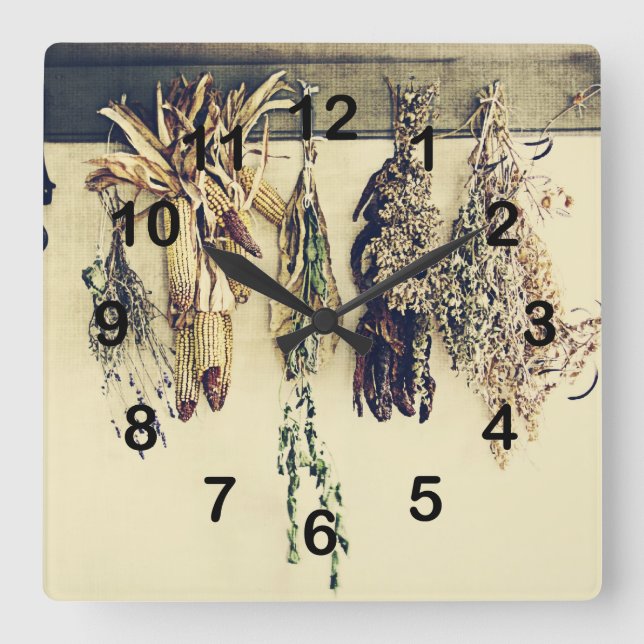 Reloj Cuadrado cocina rústica del país - hierbas secadas (Anverso)
