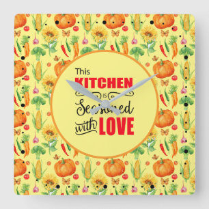 Reloj Cuadrado Cocina Sazonada Con Amor Patrón De Verduras
