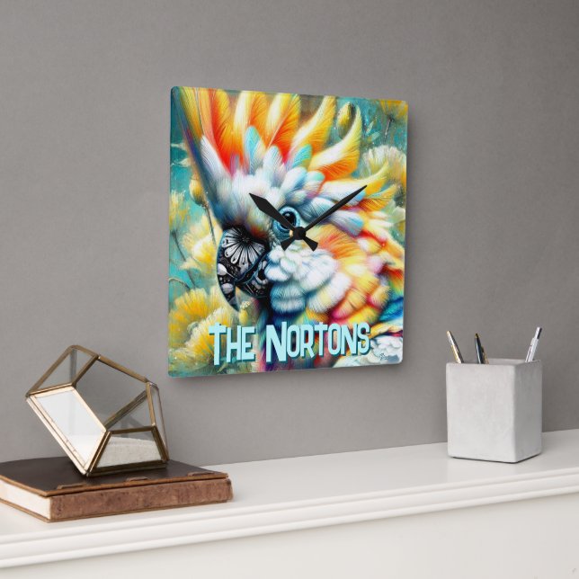 Reloj Cuadrado Cockatoo Bird Yellow Poppies Personalized (Oficina)