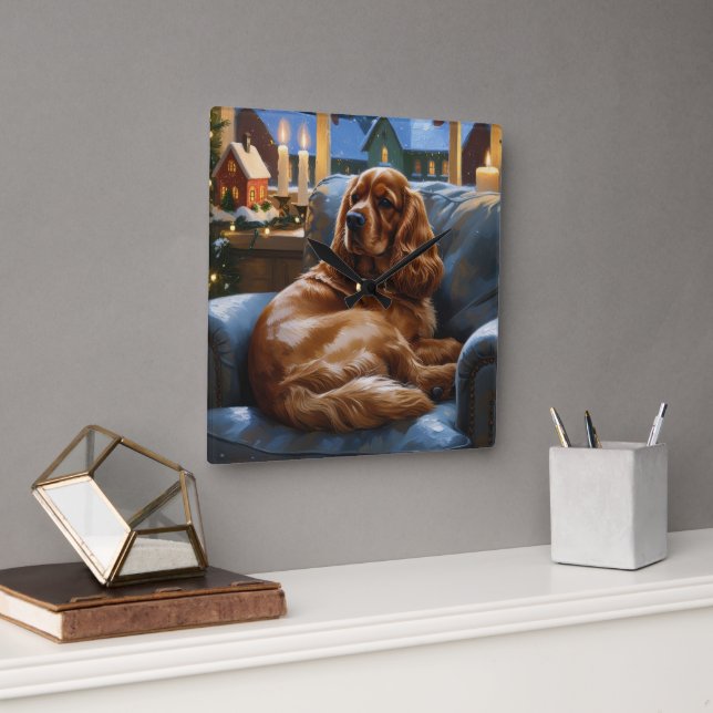 Reloj Cuadrado Cocker Spaniel con Navidades Luces feriado (Oficina)
