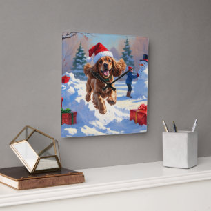 Reloj Cuadrado Cocker Spaniel corriendo en la nieve con sombrero 