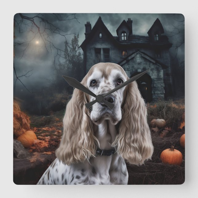 Reloj Cuadrado Cocker Spaniel Halloween Aterrador (Anverso)