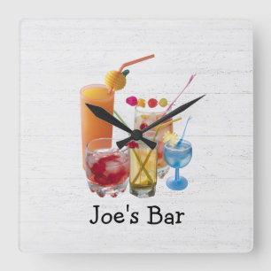 Reloj Cuadrado Cocktail Happy Hour En Madera