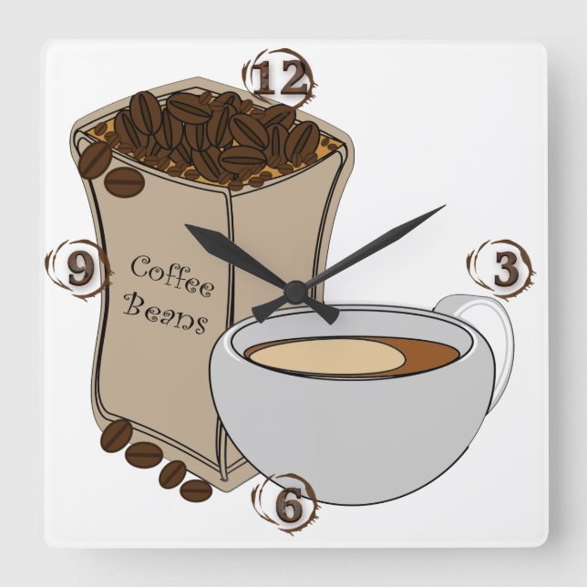 Reloj Cuadrado Coffee Beans Coffee Cup Square Wall Clock (Anverso)