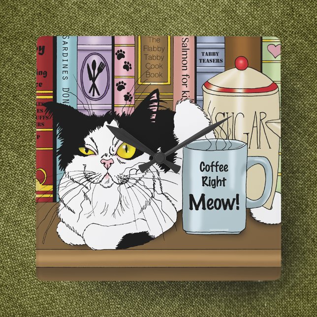 Reloj Cuadrado Coffee Tuxedo Cat Funny (Subido por el creador)