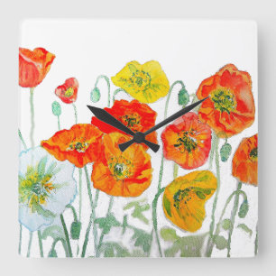 Reloj Cuadrado Cojín Acuarela Amapola Naranja Rojo Amarillo Blanc