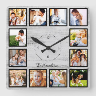 Reloj Cuadrado Colage de 12 fotos de familia madera rústica casa 