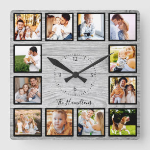 Reloj Cuadrado Colage de 12 fotos de familia madera rústica casa 