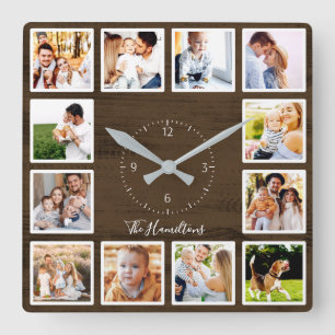 Reloj Cuadrado Colage de 12 fotos familiares Madera rústica Casa 