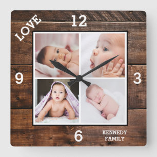 Reloj Cuadrado Colage de 4 fotos personalizado con nombre de fami
