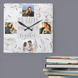 Reloj Cuadrado Colage de Fotos de Mármol Chic Felices Juntos