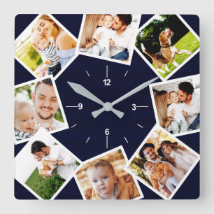 Reloj Cuadrado Colage de Fotos Familiares Granja Rústica Azul Osc