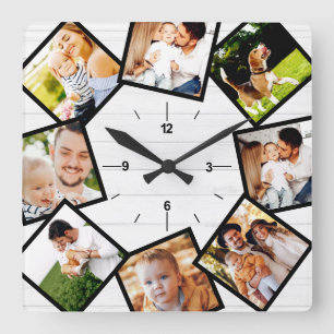 Reloj Cuadrado Colage de Fotos Familiares Granja Rústica Blanco