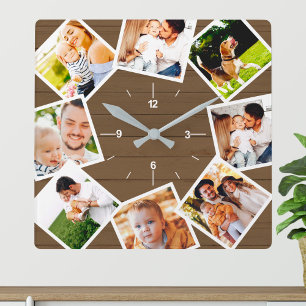 Reloj Cuadrado Colage de Fotos Familiares Granja Rústica Marrón