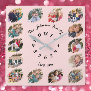 Reloj Cuadrado Colage de Fotos Familiares Personalizado Rosa Past