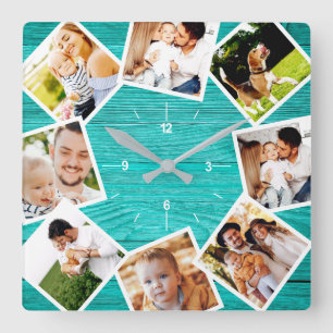Reloj Cuadrado Colage de Fotos Familiares Rústico Chic Casa de Ca