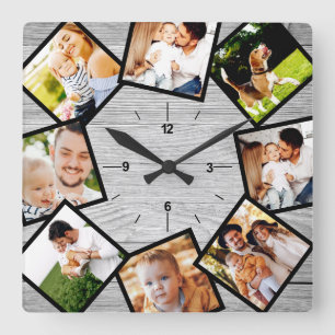 Reloj Cuadrado Colage de Fotos Familiares Rústico Chic Granja Gri