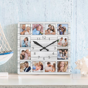 Reloj Cuadrado Colage de fotos personalizado de madera gris blanc