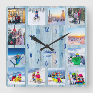 Reloj Cuadrado Colage de Fotos Personalizado País Madera Rústica 