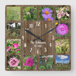 Reloj Cuadrado Colage de Fotos Personalizado País Madera Rústica
