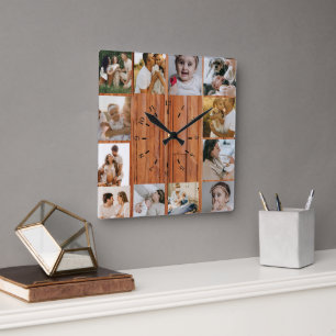 Reloj Cuadrado Colage de Fotos Personalizado Rústico Familia