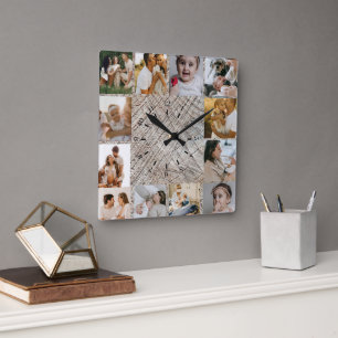 Reloj Cuadrado Colage de Fotos Personalizado Rústico Familia