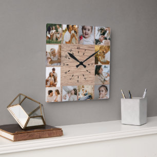 Reloj Cuadrado Colage de Fotos Personalizado Rústico Familia