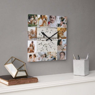 Reloj Cuadrado Colage de Fotos Personalizado Rústico Familia