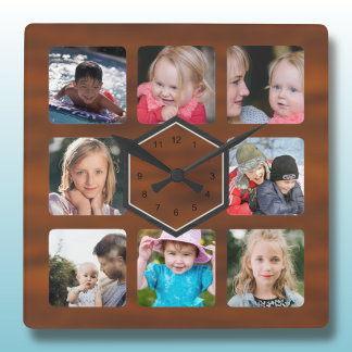 Reloj Cuadrado Colaje de 8 fotos con patrón de madera