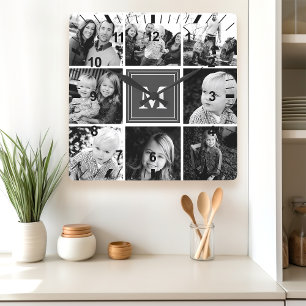 Reloj Cuadrado Colaje de fotos de familia con monograma gris