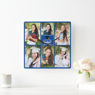Reloj Cuadrado Colaje de Fotos de Graduado Azul Personalizado Gra