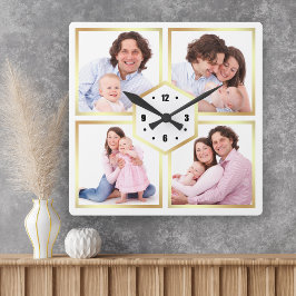 Reloj Cuadrado Colaje de fotos familiares de 4 imágenes en blanco