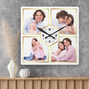 Reloj Cuadrado Colaje de fotos familiares de 4 imágenes en blanco