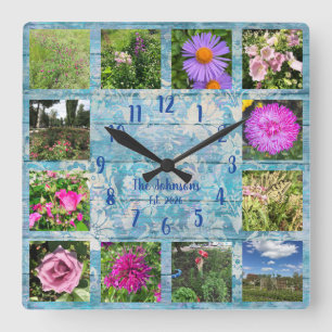 Reloj Cuadrado Colaje de Fotos Madera Azul Shabby Chic
