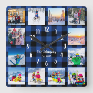 Reloj Cuadrado Colaje de Fotos Personalizado Plaid de Búfalo Azul