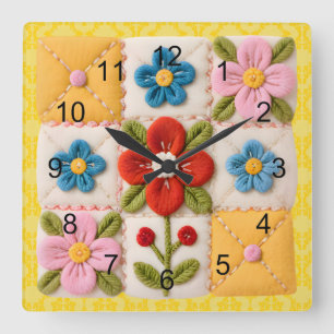 Reloj Cuadrado Colcha de parches con flores bordadas
