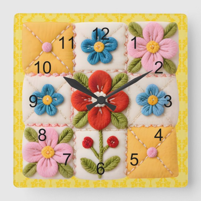 Reloj Cuadrado Colcha de parches con flores bordadas (Anverso)