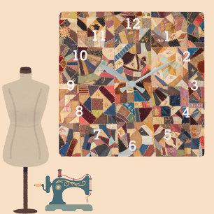 Reloj Cuadrado Colcha de patchwork colorida Sala de costura rústi