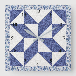 Reloj Cuadrado Colcha Falsa Azul y Blanco Calico