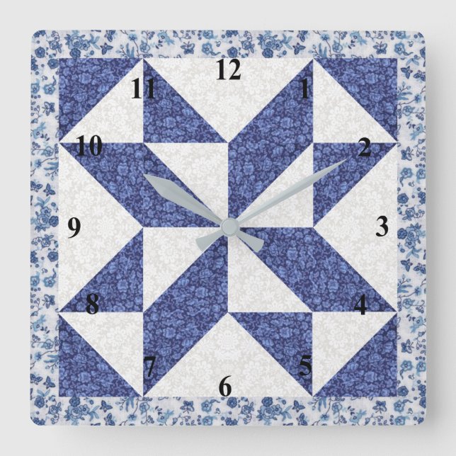 Reloj Cuadrado Colcha Falsa Azul y Blanco Calico (Anverso)