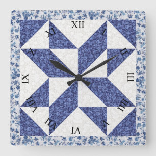 Reloj Cuadrado Colcha Falsa de Azul y Blanco Calicó