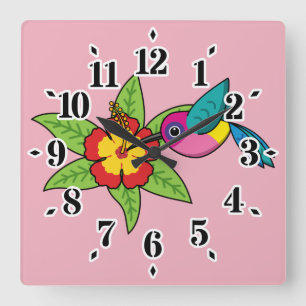 Reloj Cuadrado Colibrí colorido sobre la flor tropical de Hibiscu