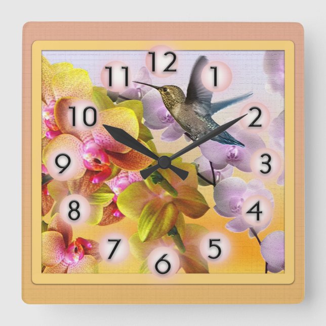 Reloj Cuadrado Colibrí con Lilacs morados y orquídeas amarillas (Anverso)