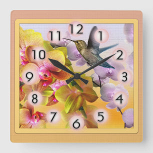 Reloj Cuadrado Colibrí con lilas púrpuras y orquídeas amarillas