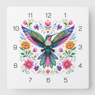 Reloj Cuadrado Colibrí de arte Flok colorido