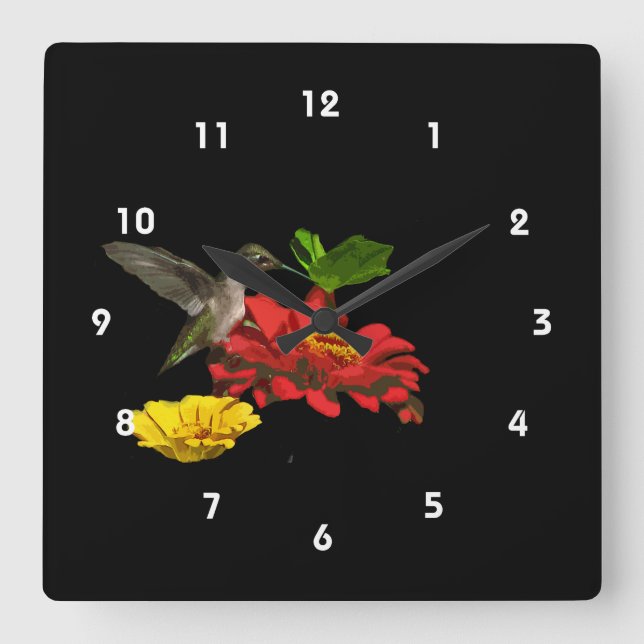 Reloj Cuadrado Colibrí en Zinnias (Anverso)
