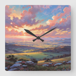 Reloj Cuadrado Colinas doradas - Ilustración de paisaje vibrante
