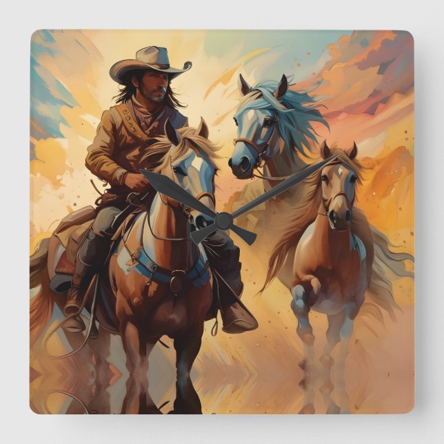 Reloj Cuadrado Collage azul de Tan de Cowboy Western Horses (Anverso)